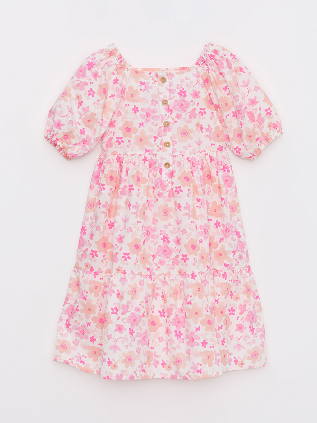 Ekru Kare Yaka Desenli Kısa Kollu Poplin Kız Çocuk Elbise