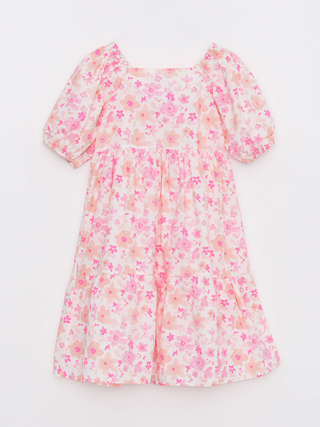 Ekru Kare Yaka Desenli Kısa Kollu Poplin Kız Çocuk Elbise-1