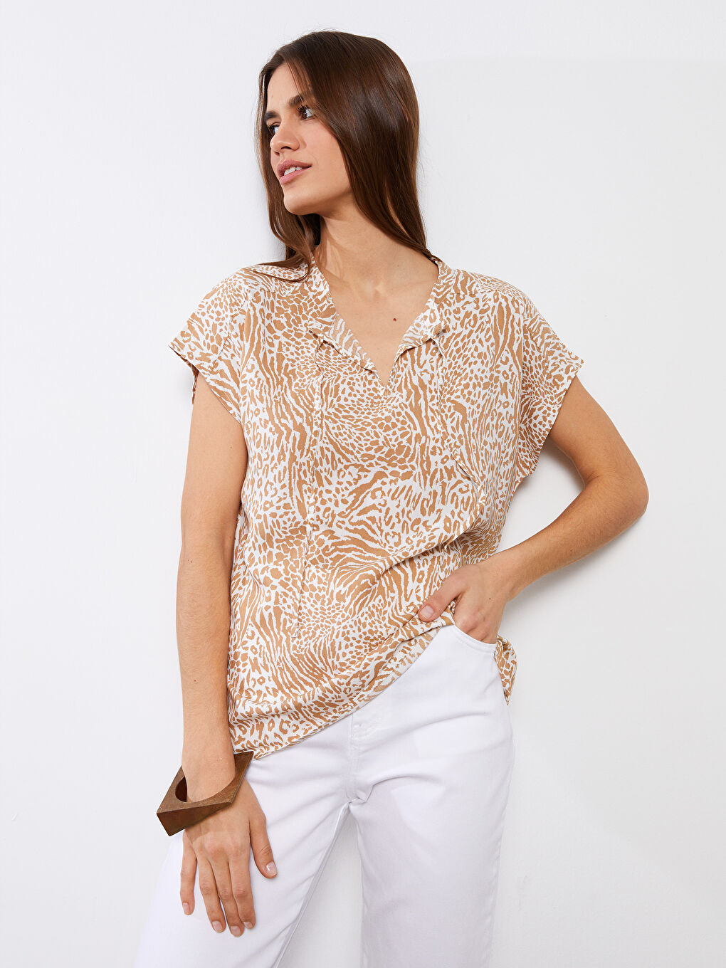 Tie Collar Patterned Short Sleeve Viscose Women's Blouse-2