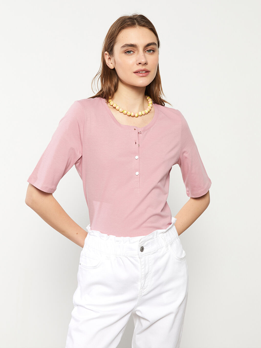 Crew Neck Straight Short Sleeve Cotton Women's T-Shirt-1