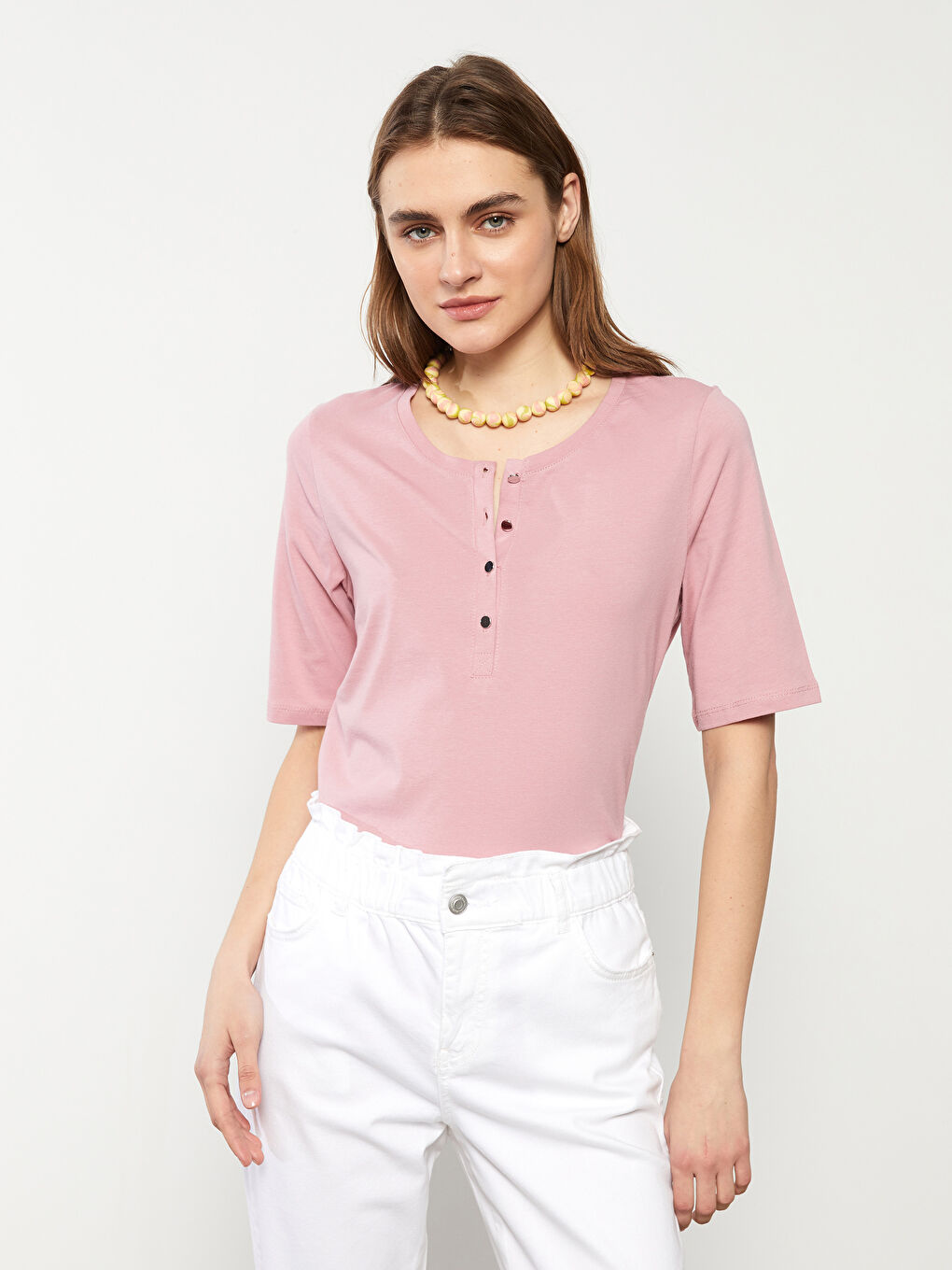 Crew Neck Straight Short Sleeve Cotton Women's T-Shirt-2