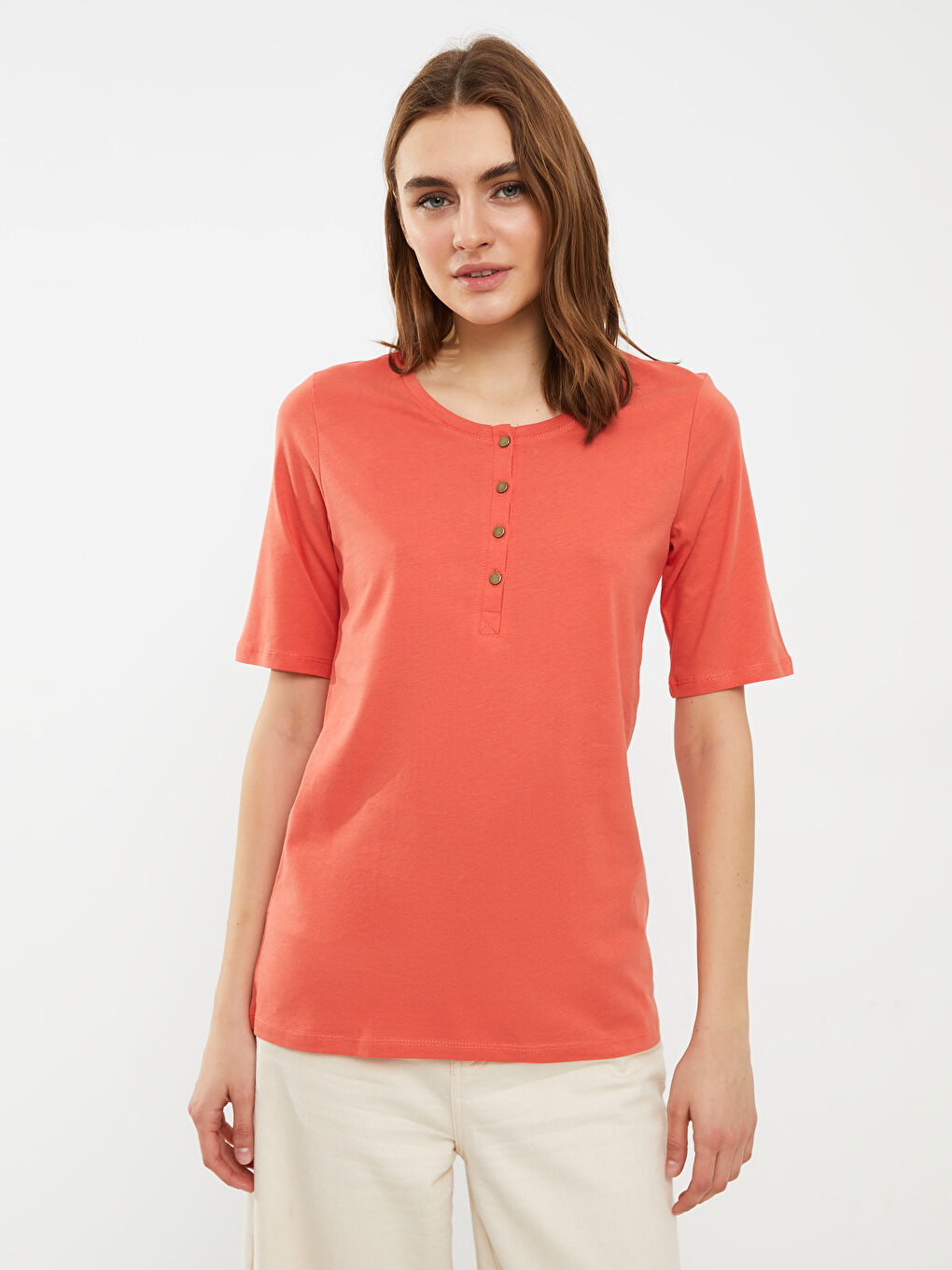 Crew Neck Straight Short Sleeve Cotton Women's T-Shirt-2