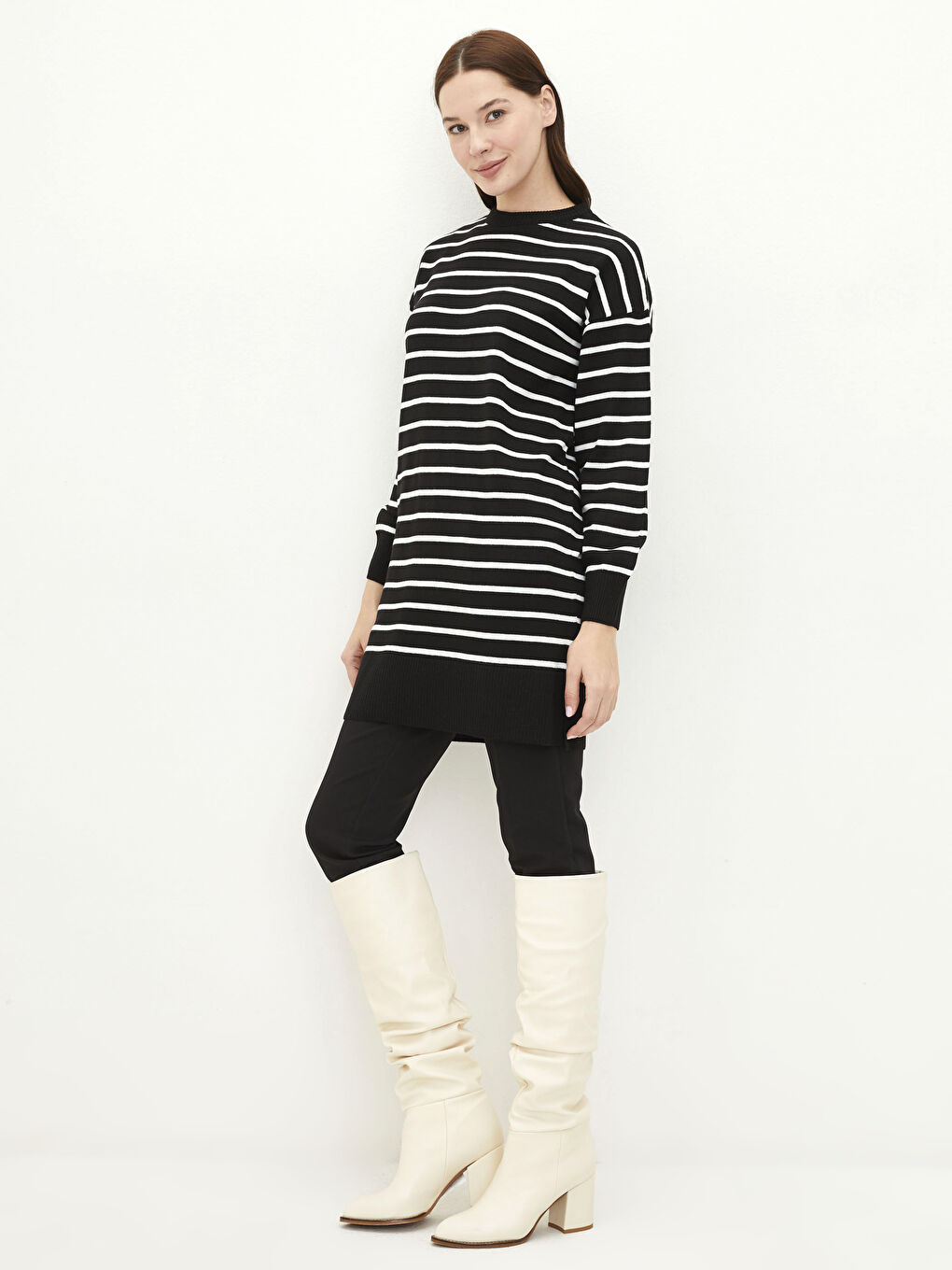 Siyah Bisiklet Yaka Çizgili Uzun Kollu Kadın Triko Tunik