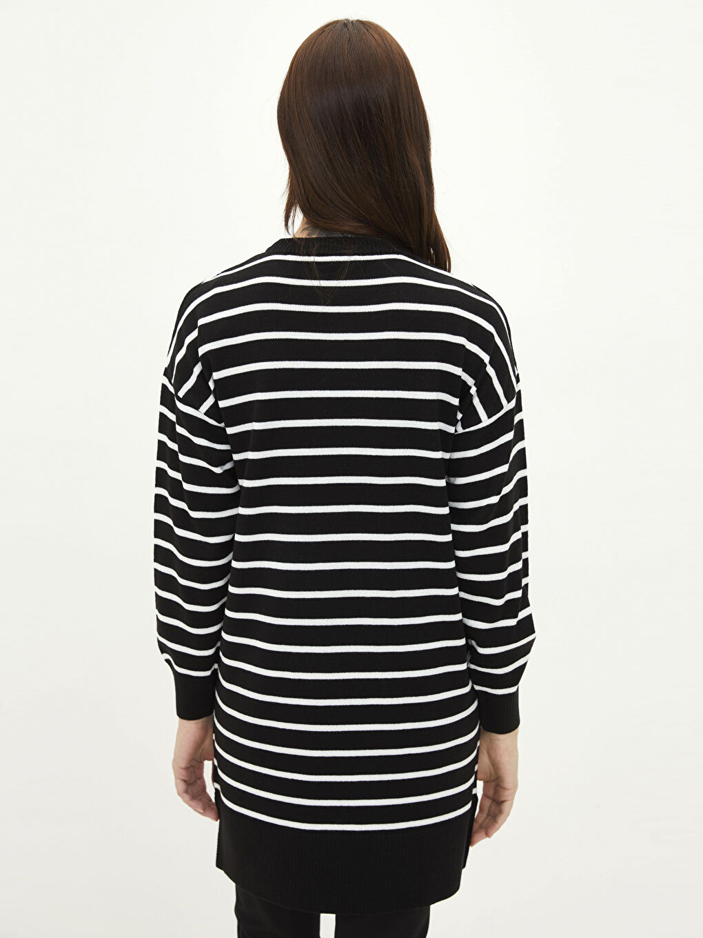 Siyah Bisiklet Yaka Çizgili Uzun Kollu Kadın Triko Tunik-4