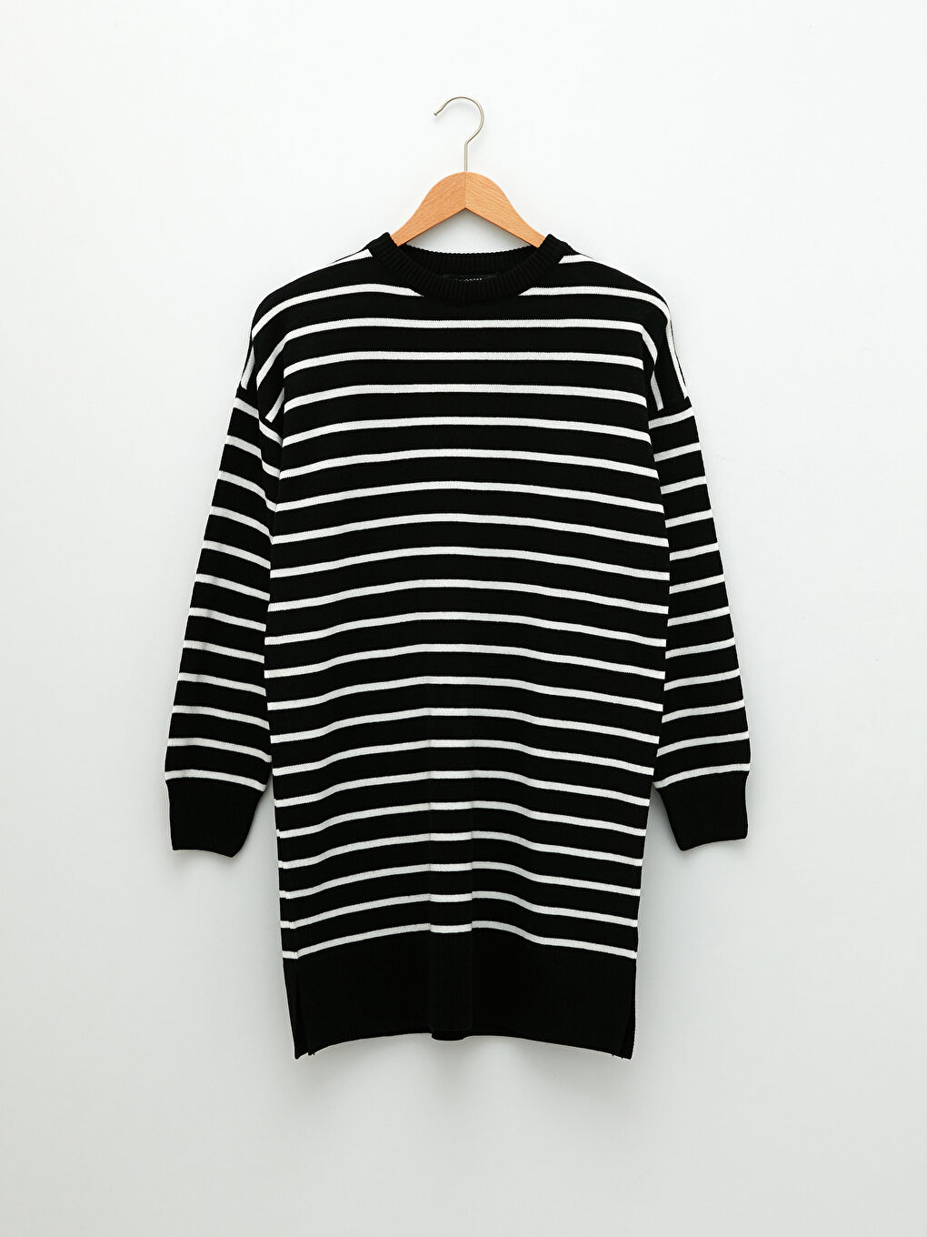 Siyah Bisiklet Yaka Çizgili Uzun Kollu Kadın Triko Tunik-5