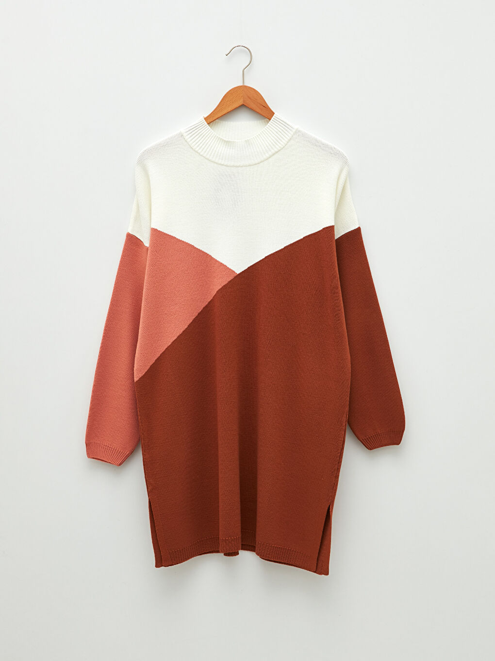 Kahverengi Yarım Balıkçı Yaka Renk Bloklu Uzun Kollu Kadın Triko Tunik-4