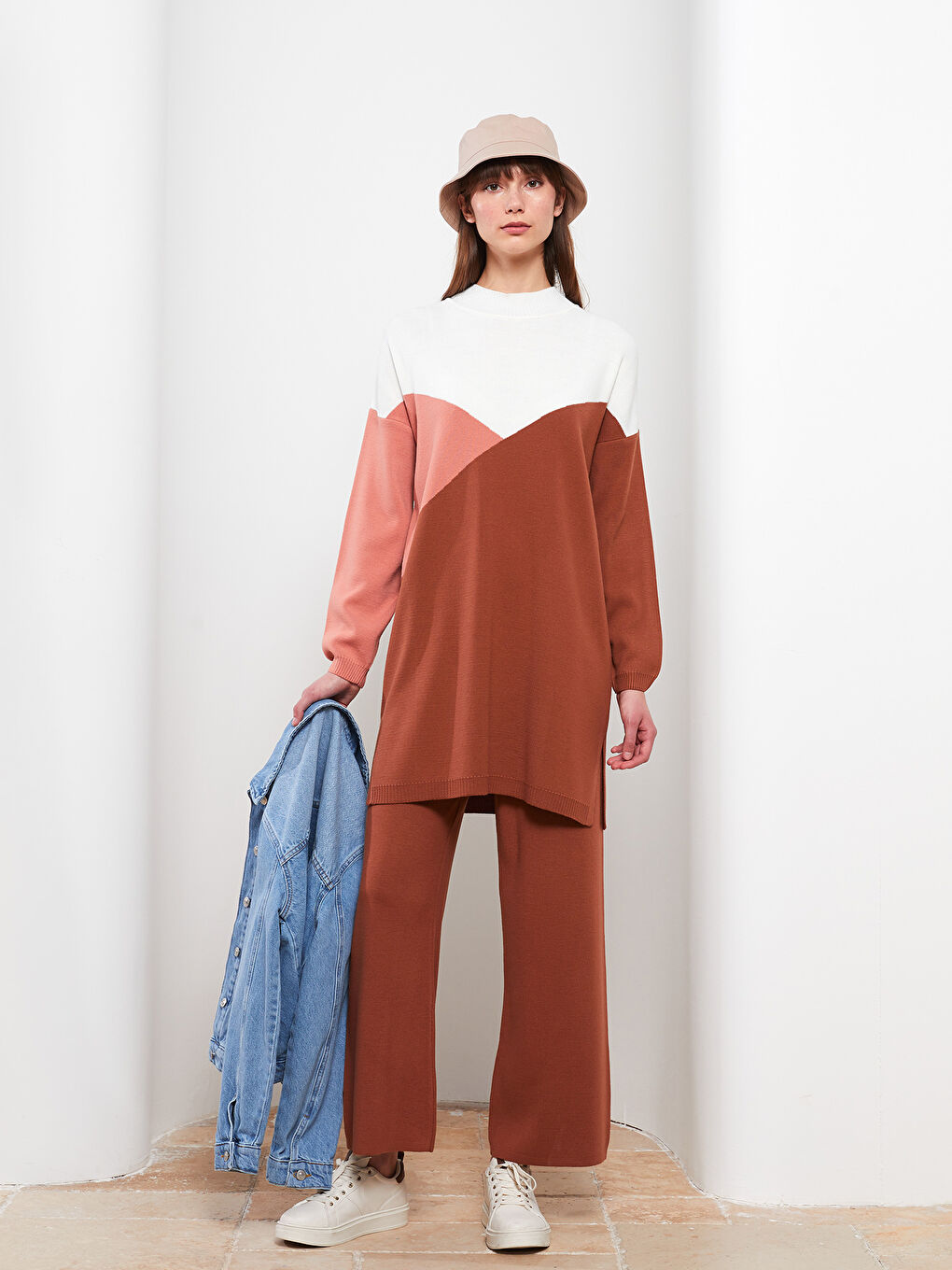 Kahverengi Kadın Beli Lastikli Düz Triko Pantolon