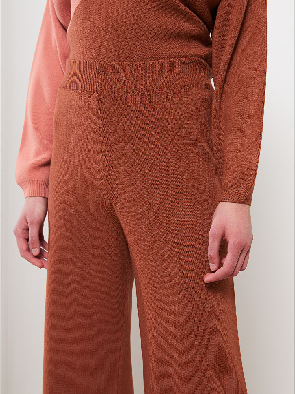 Kahverengi Kadın Beli Lastikli Düz Triko Pantolon-2