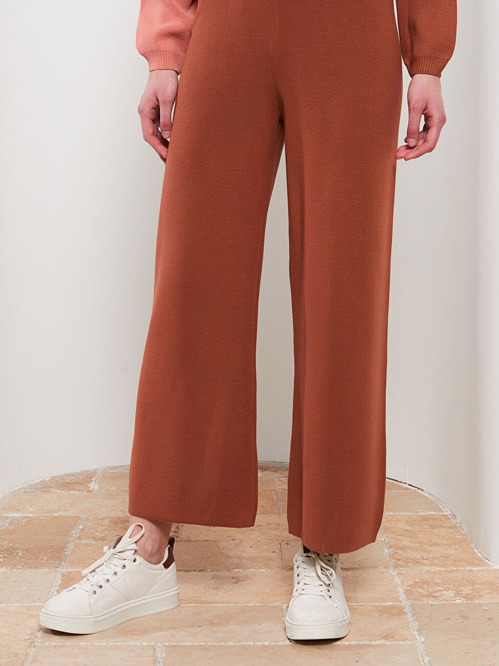 Kahverengi Kadın Beli Lastikli Düz Triko Pantolon-3