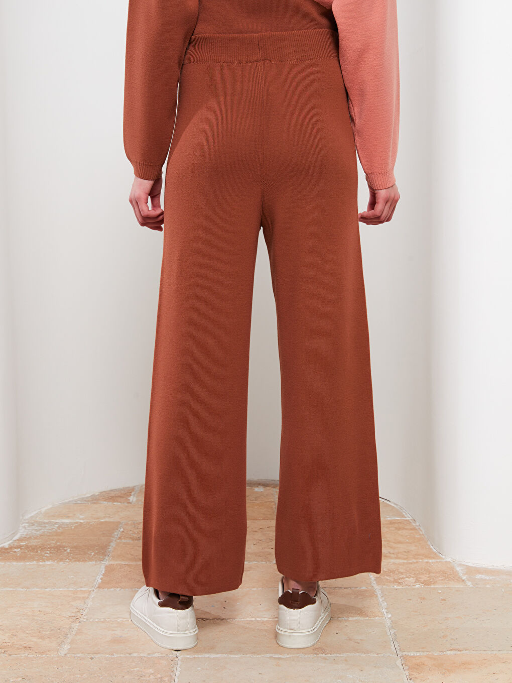 Kahverengi Kadın Beli Lastikli Düz Triko Pantolon-4