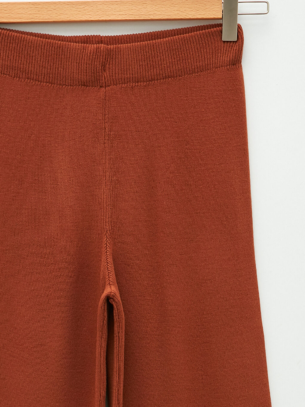 Kahverengi Kadın Beli Lastikli Düz Triko Pantolon-7