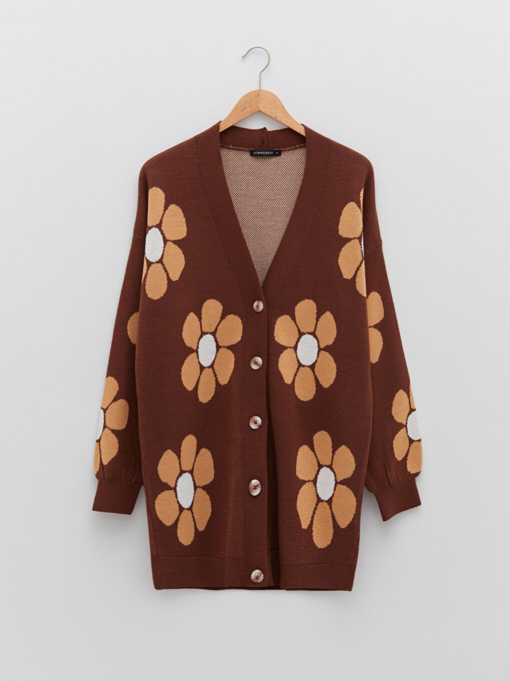 Kahverengi V Yaka Çiçekli Uzun Kollu Kadın Triko Hırka-5