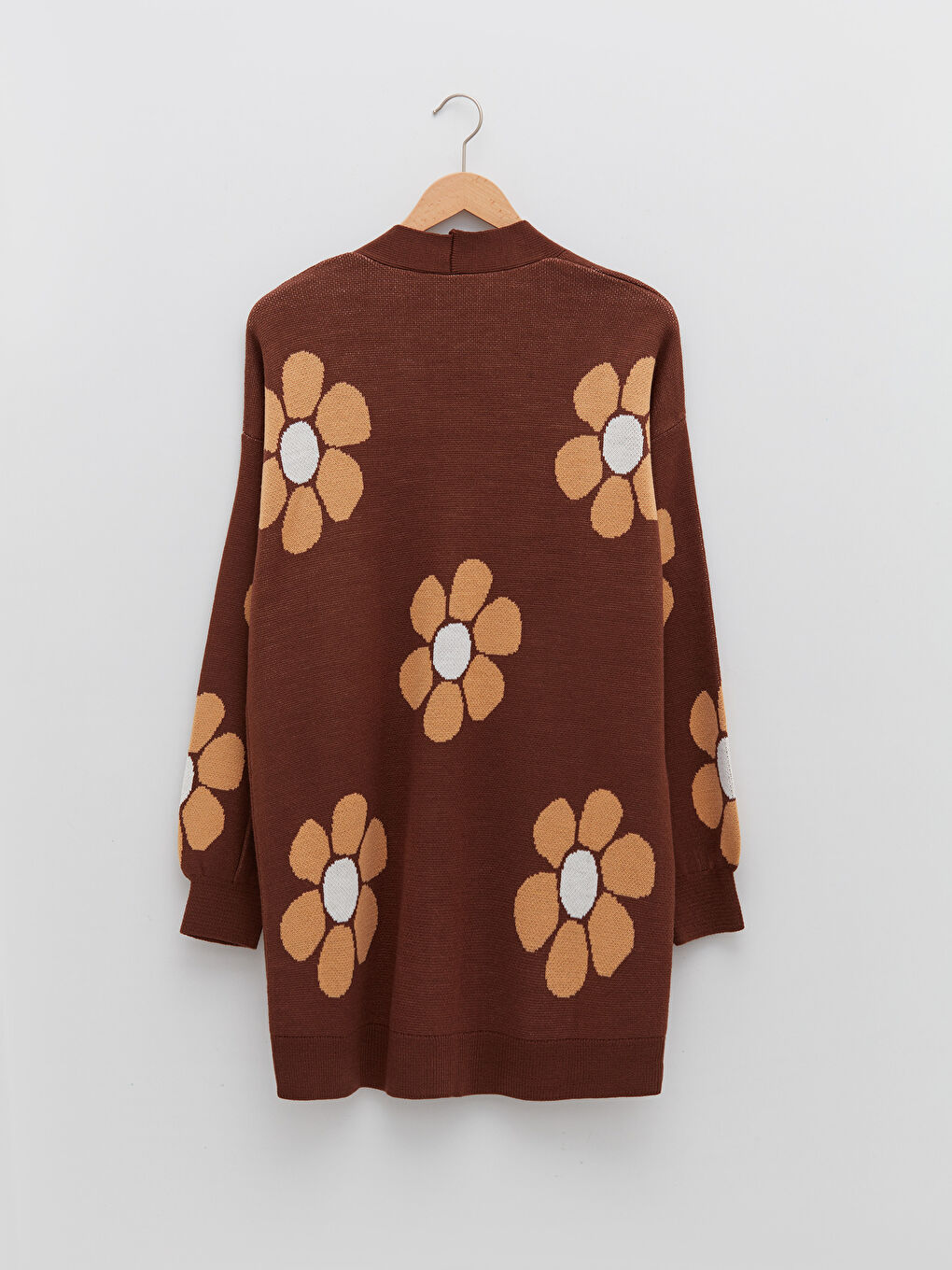 Kahverengi V Yaka Çiçekli Uzun Kollu Kadın Triko Hırka-6
