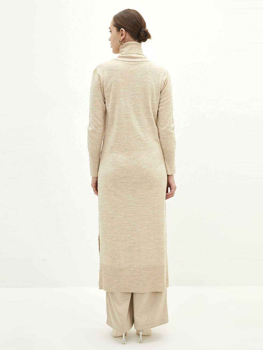 Bej Balıkçı Yaka Düz Uzun Kollu Kadın Triko Tunik-3