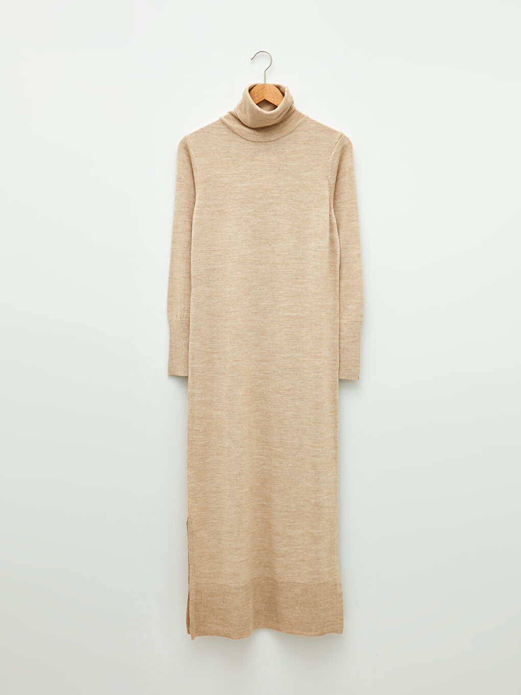 Bej Balıkçı Yaka Düz Uzun Kollu Kadın Triko Tunik-4