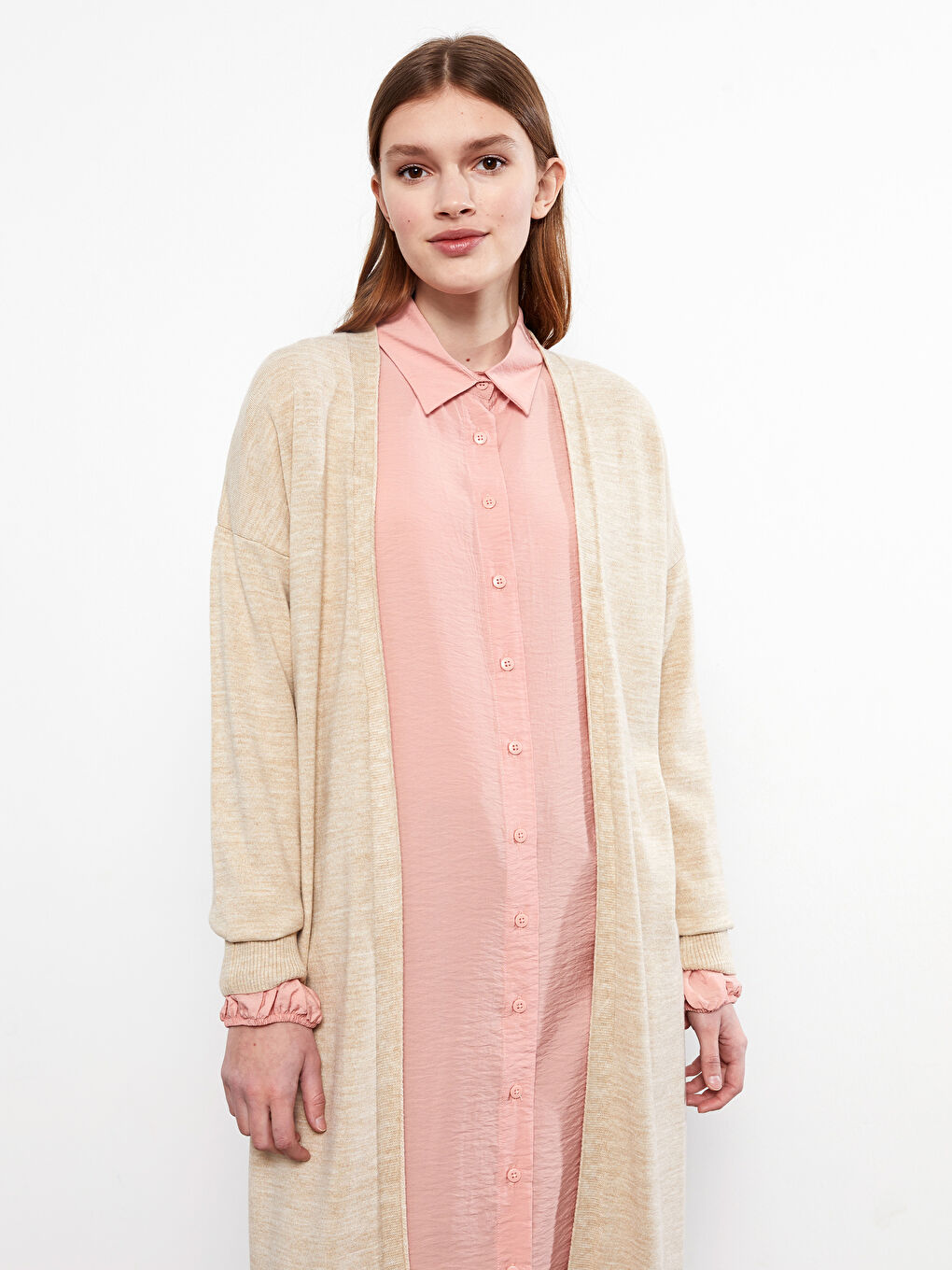 Bej Şal Yaka Düz Uzun Kollu Kadın Triko Hırka-2