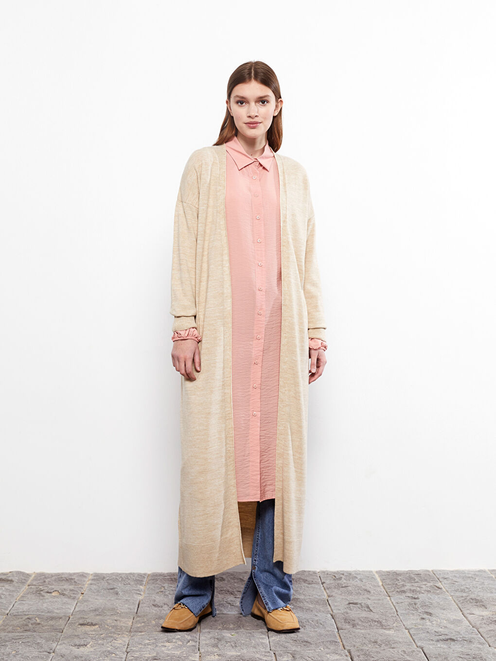 Bej Şal Yaka Düz Uzun Kollu Kadın Triko Hırka-3