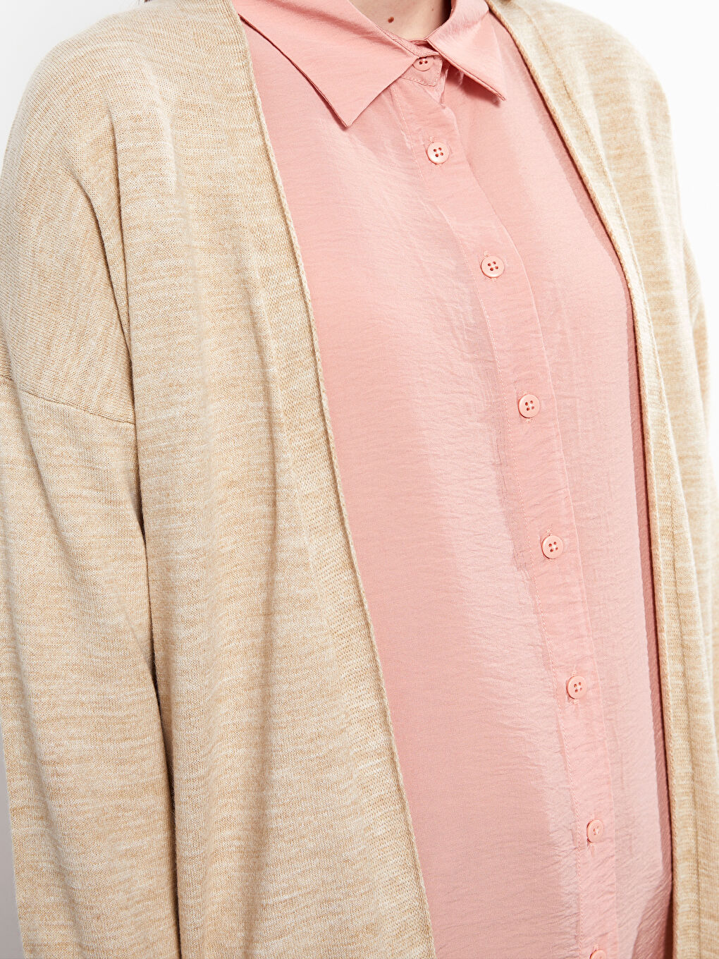 Bej Şal Yaka Düz Uzun Kollu Kadın Triko Hırka-4