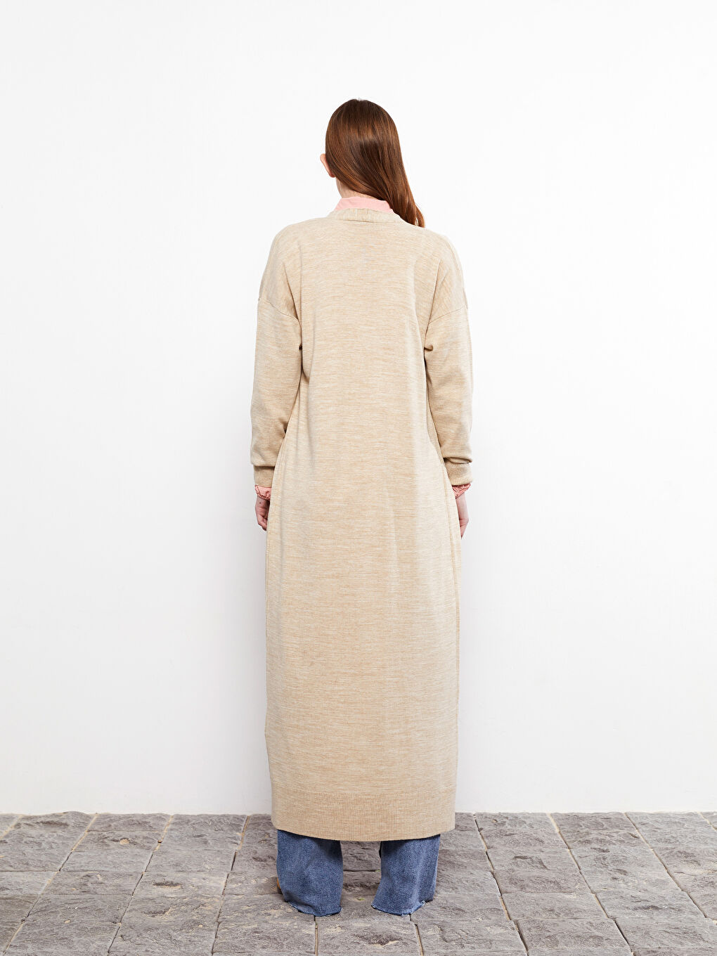 Bej Şal Yaka Düz Uzun Kollu Kadın Triko Hırka-5