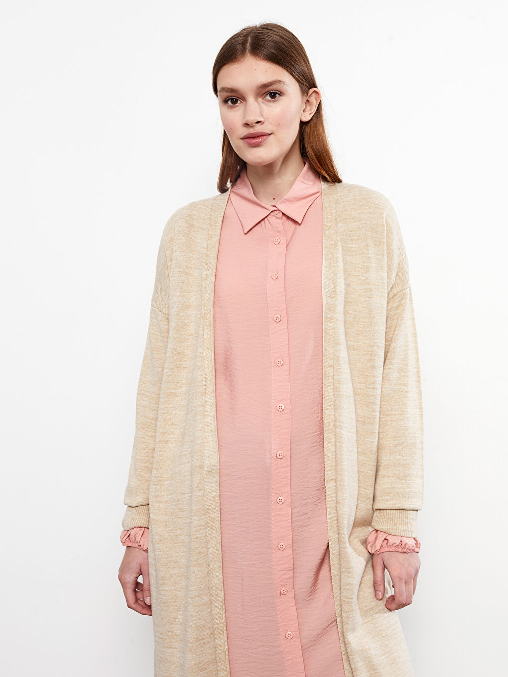 Bej Şal Yaka Düz Uzun Kollu Kadın Triko Hırka