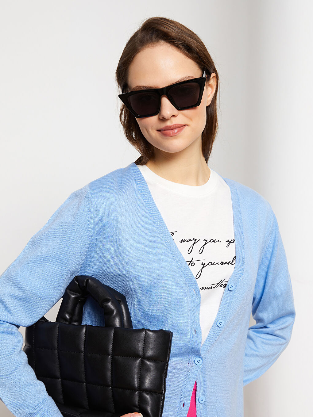 Mavi V Yaka Kadın Triko Hırka-4