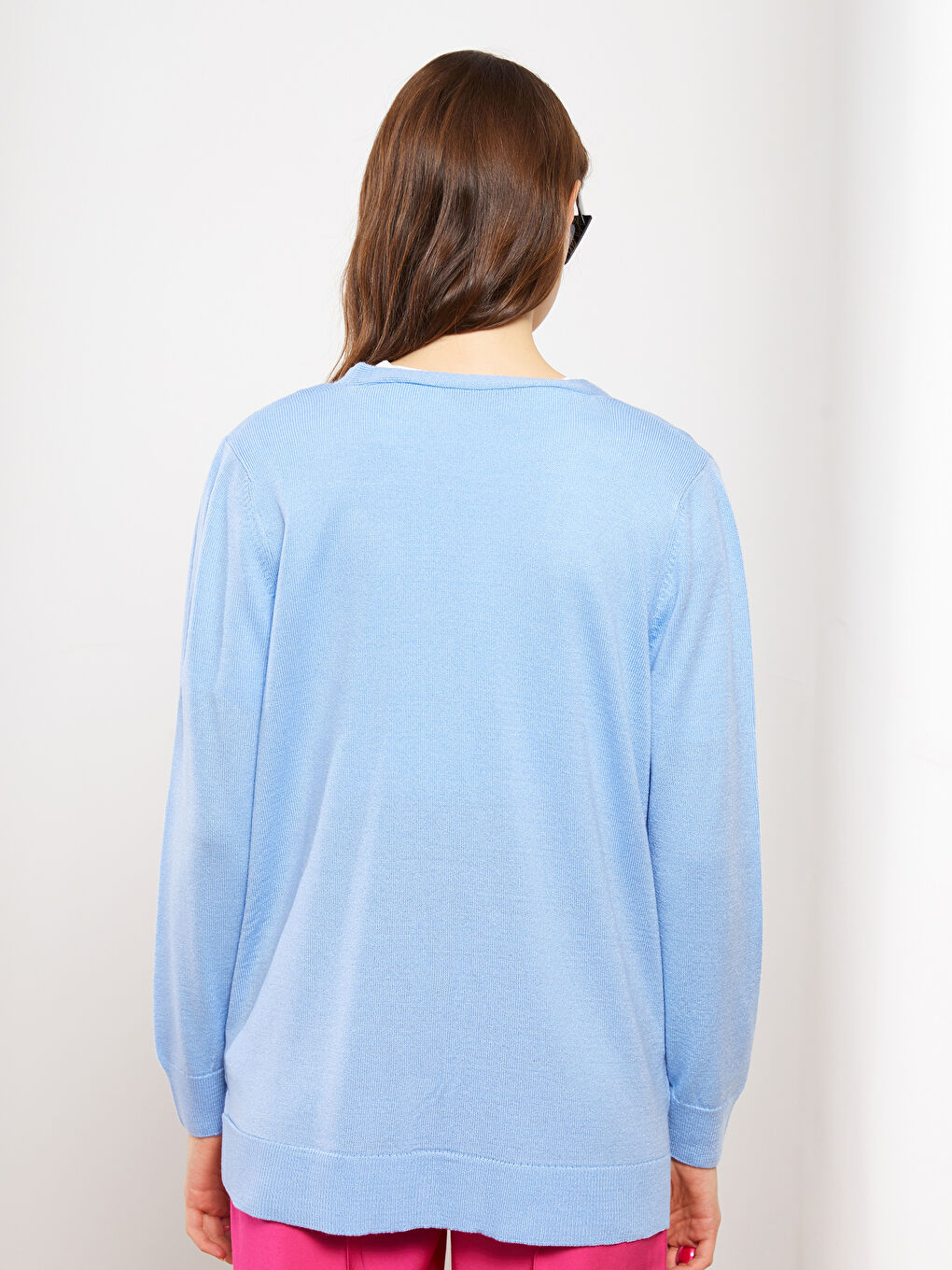 Mavi V Yaka Kadın Triko Hırka-8