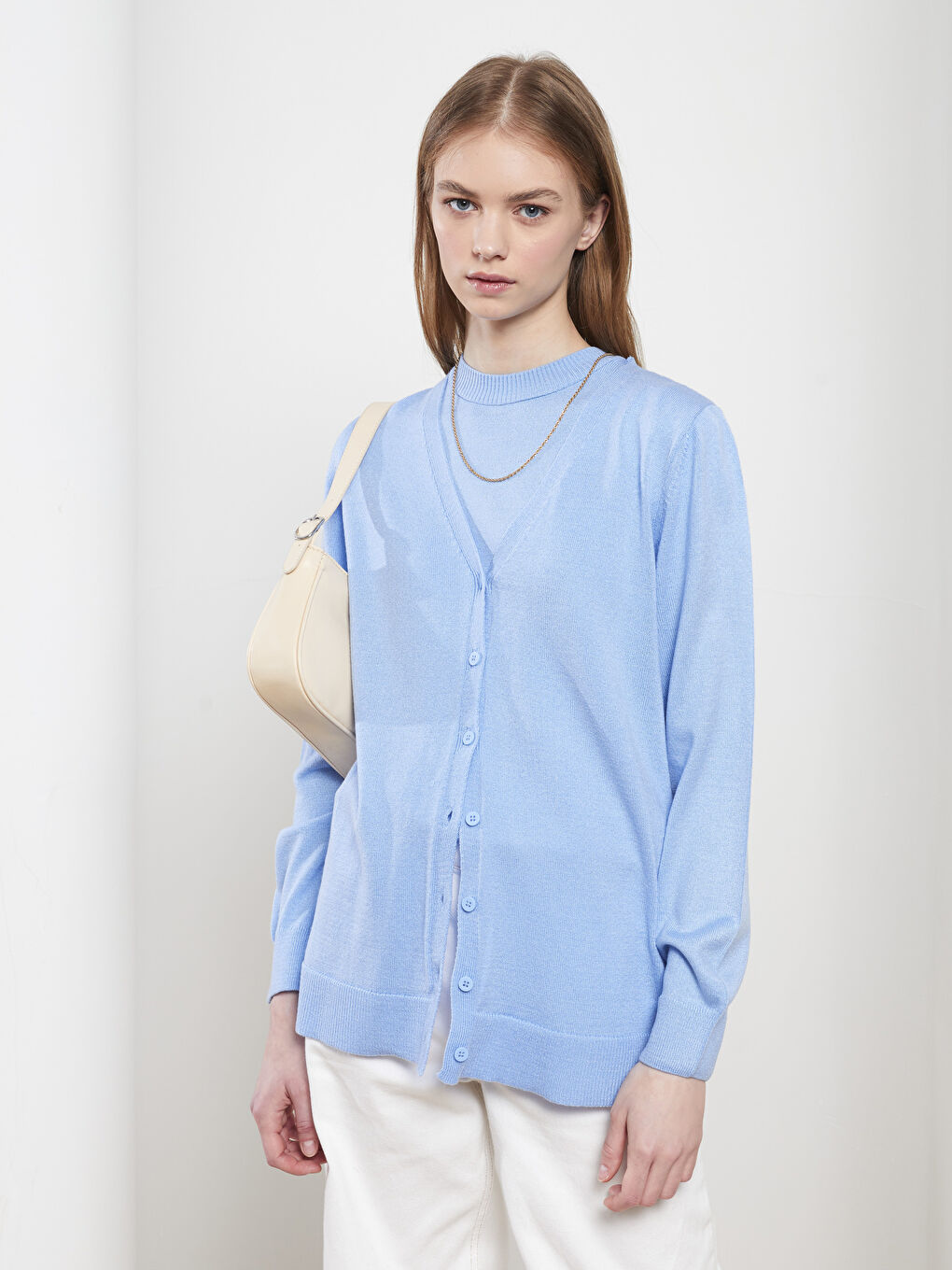 Mavi V Yaka Kadın Triko Hırka-1