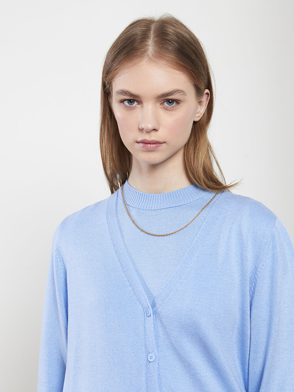 Mavi V Yaka Kadın Triko Hırka-3