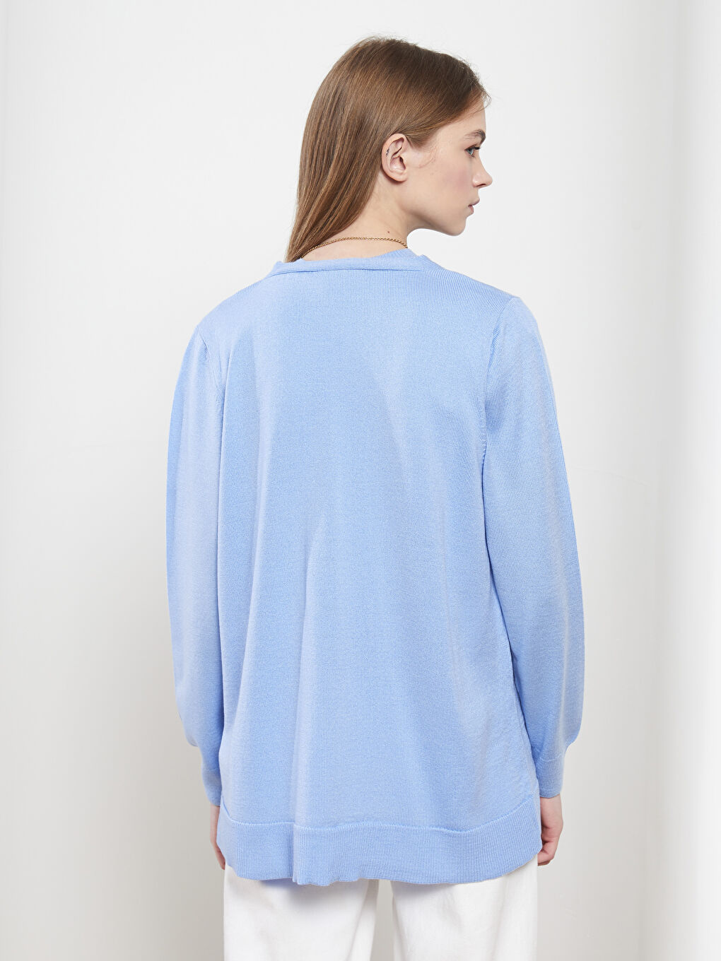 Mavi V Yaka Kadın Triko Hırka-5