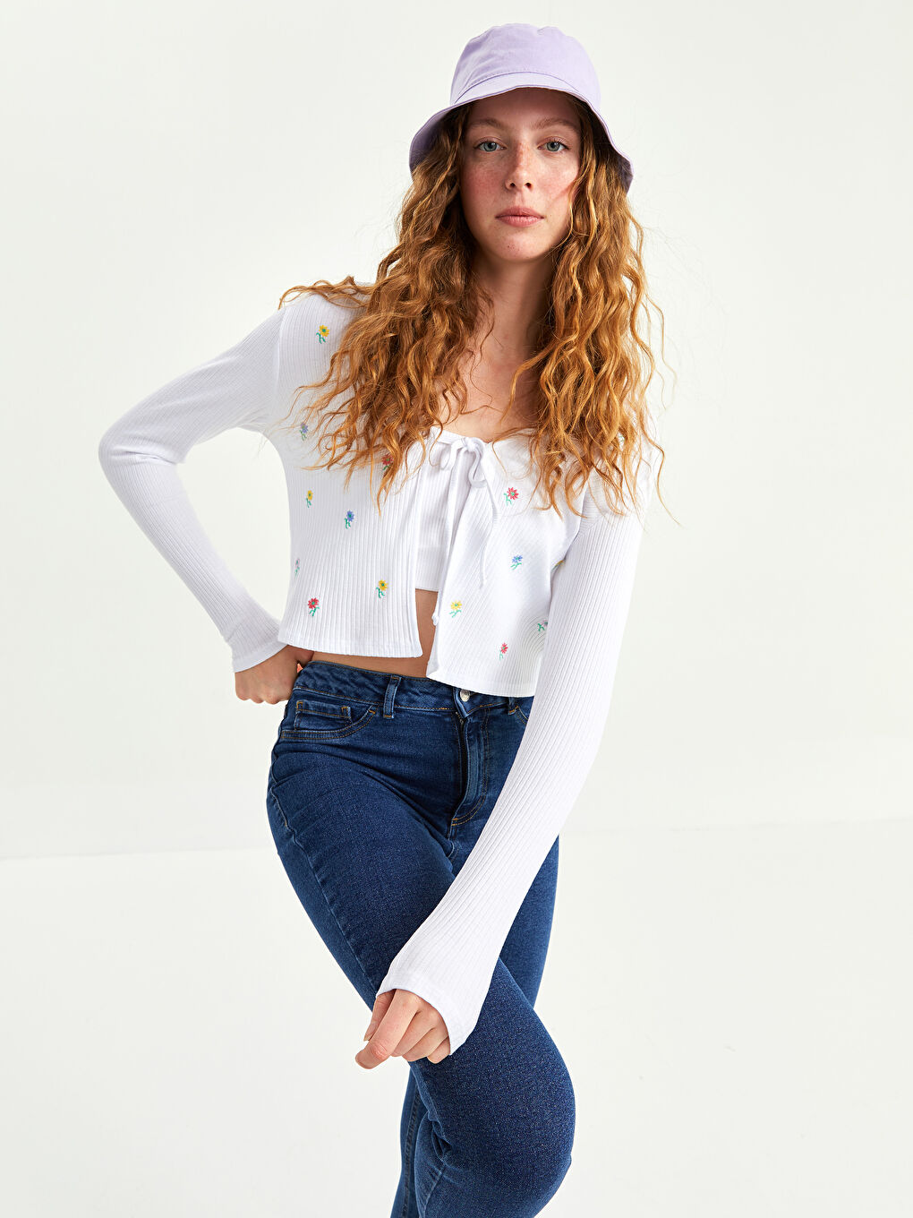 Cardigan cu Guler cu Panglică Brodat și Mânecă Lungă pentru Femei-1