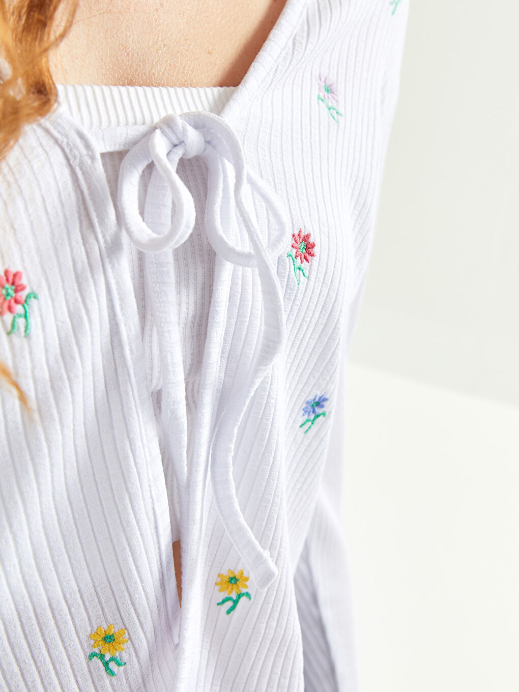 Cardigan cu Guler cu Panglică Brodat și Mânecă Lungă pentru Femei-4