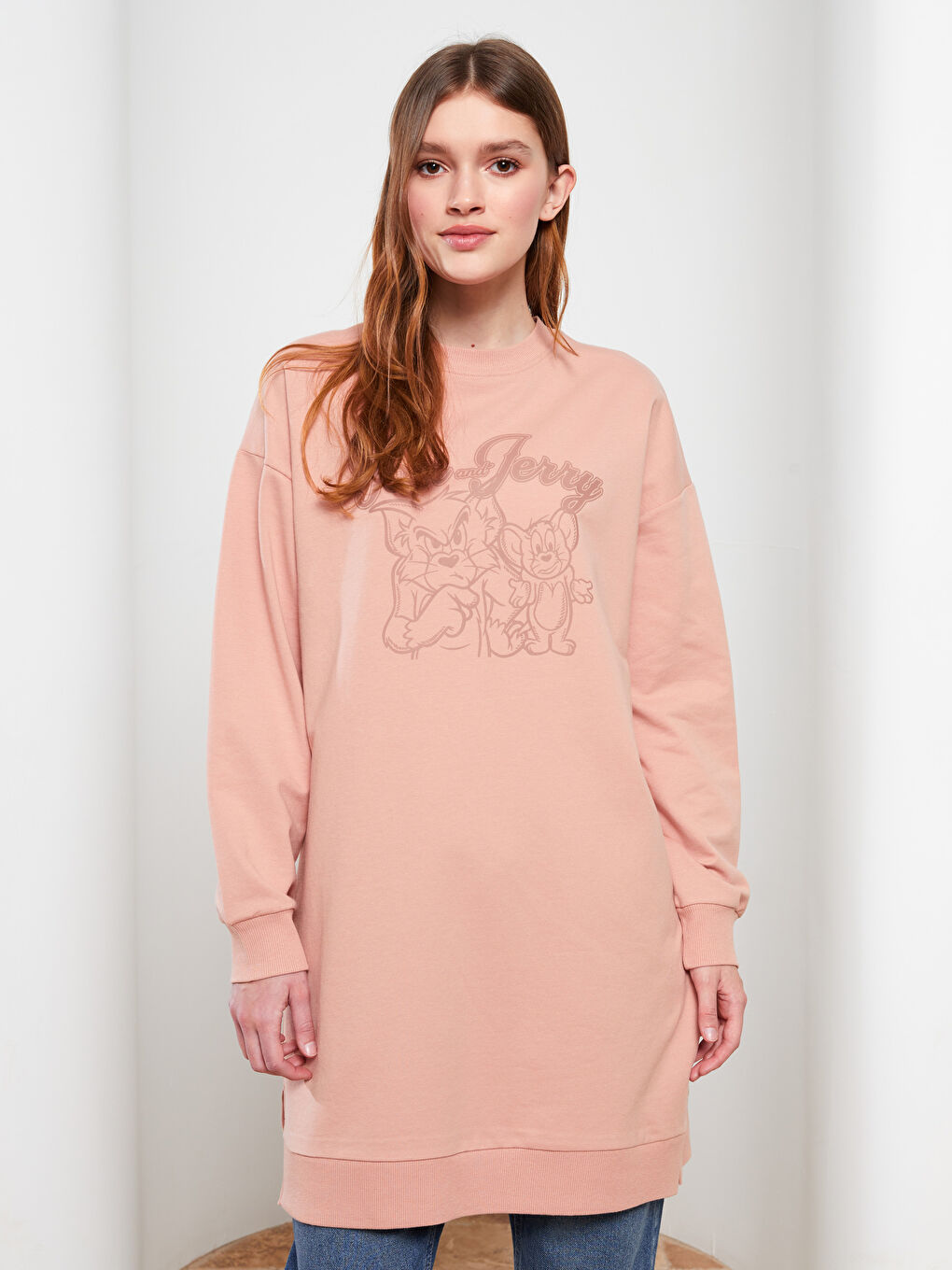 Pembe Bisiklet Yaka Tom ve Jerry Baskılı Uzun Kollu Oversize Kadın Sweatshirt Tunik
