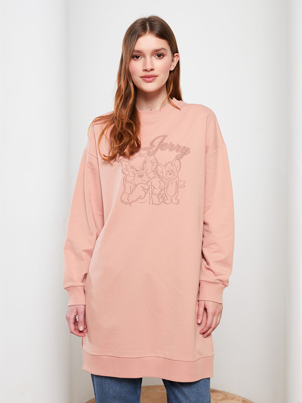 Pembe Bisiklet Yaka Tom ve Jerry Baskılı Uzun Kollu Oversize Kadın Sweatshirt Tunik-1