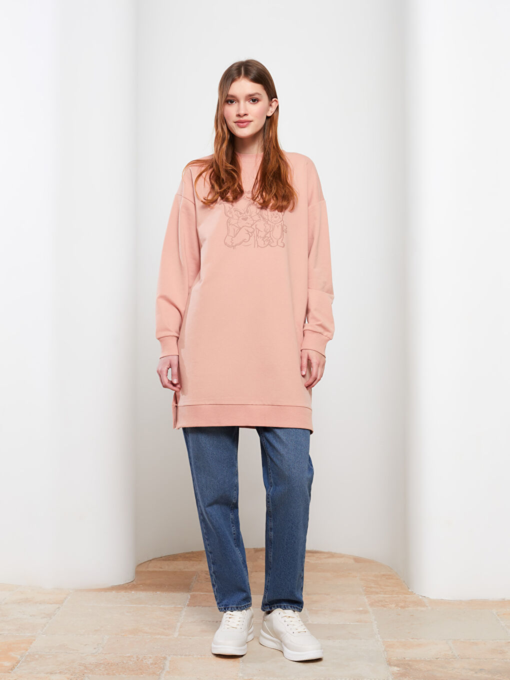 Pembe Bisiklet Yaka Tom ve Jerry Baskılı Uzun Kollu Oversize Kadın Sweatshirt Tunik-2