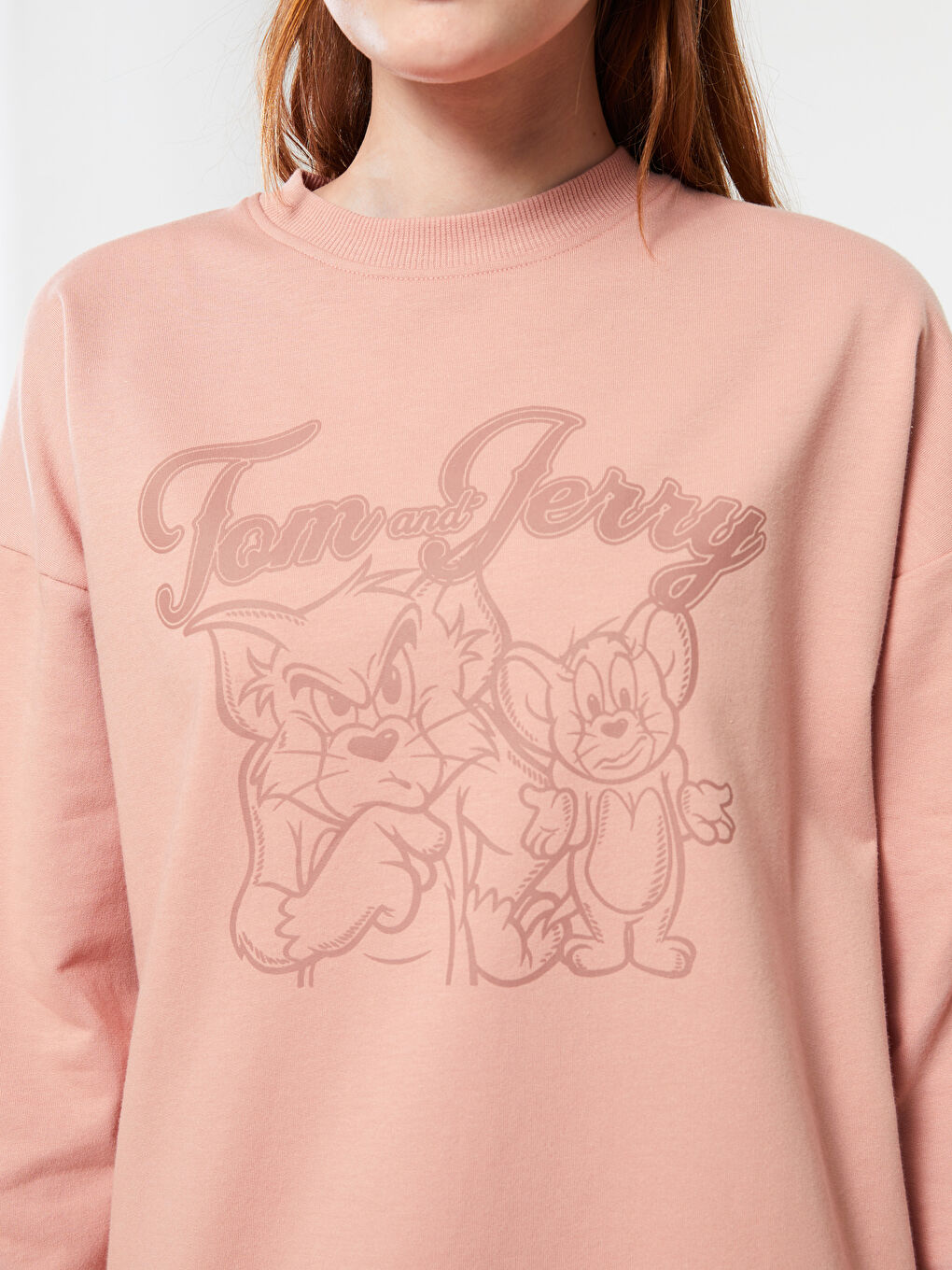 Pembe Bisiklet Yaka Tom ve Jerry Baskılı Uzun Kollu Oversize Kadın Sweatshirt Tunik-3
