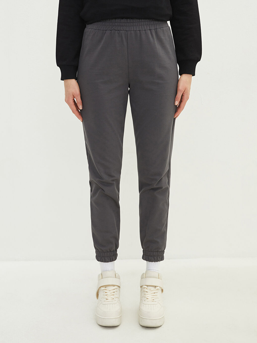 Antrasit Kadın Beli Lastikli Düz Jogger Eşofman Altı-3