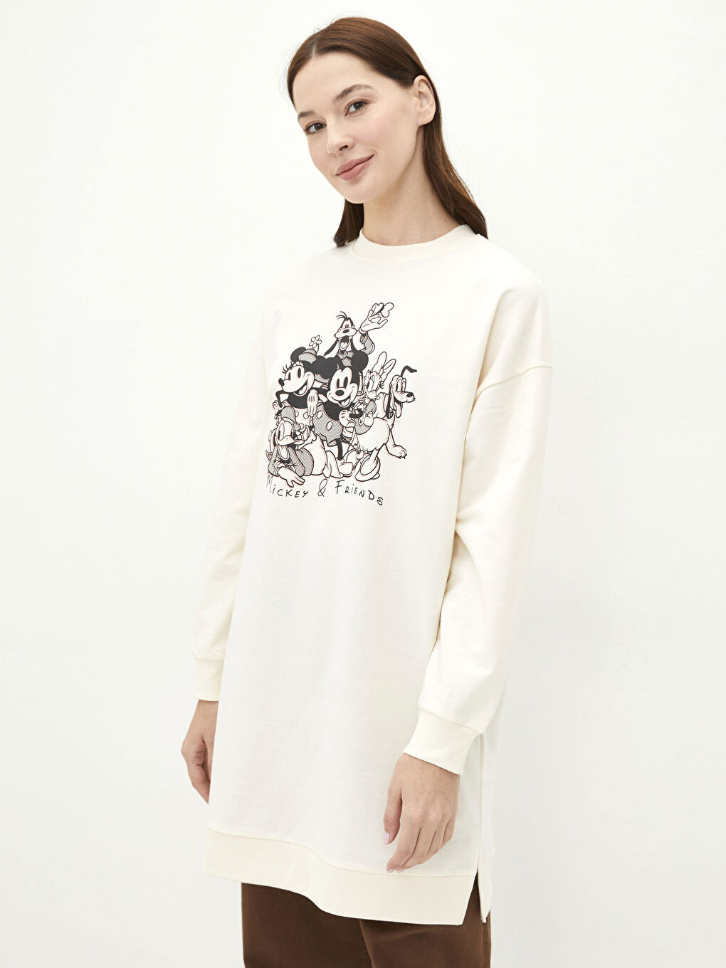 әйелдерге арналған дөңгелек жағалы микки маус принтті ұзын жең оверсайз свитшот туника-1