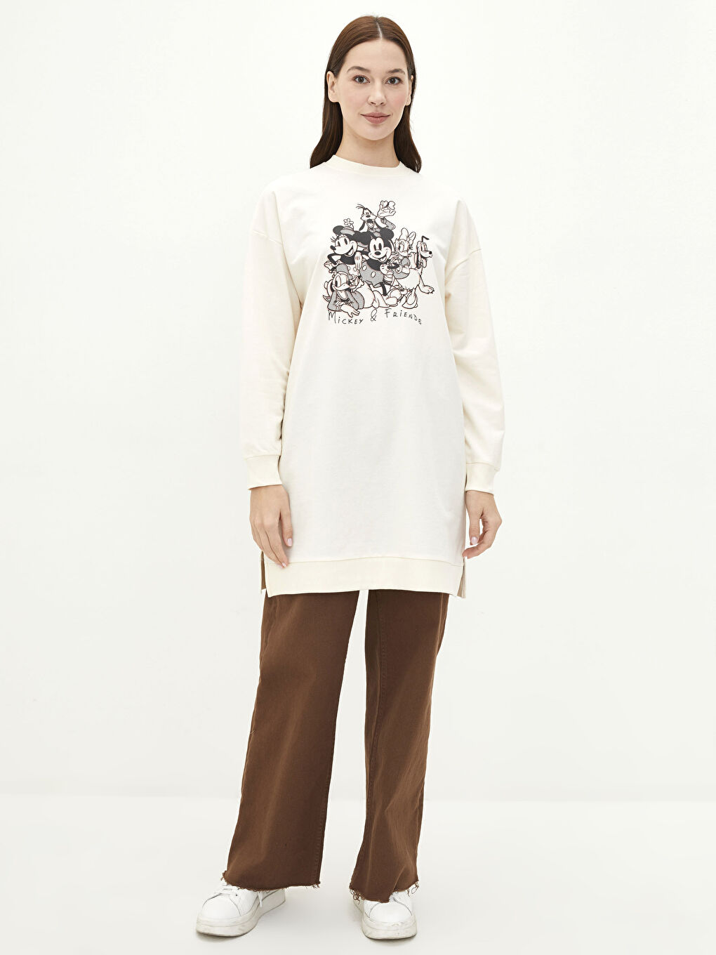 әйелдерге арналған дөңгелек жағалы микки маус принтті ұзын жең оверсайз свитшот туника-2