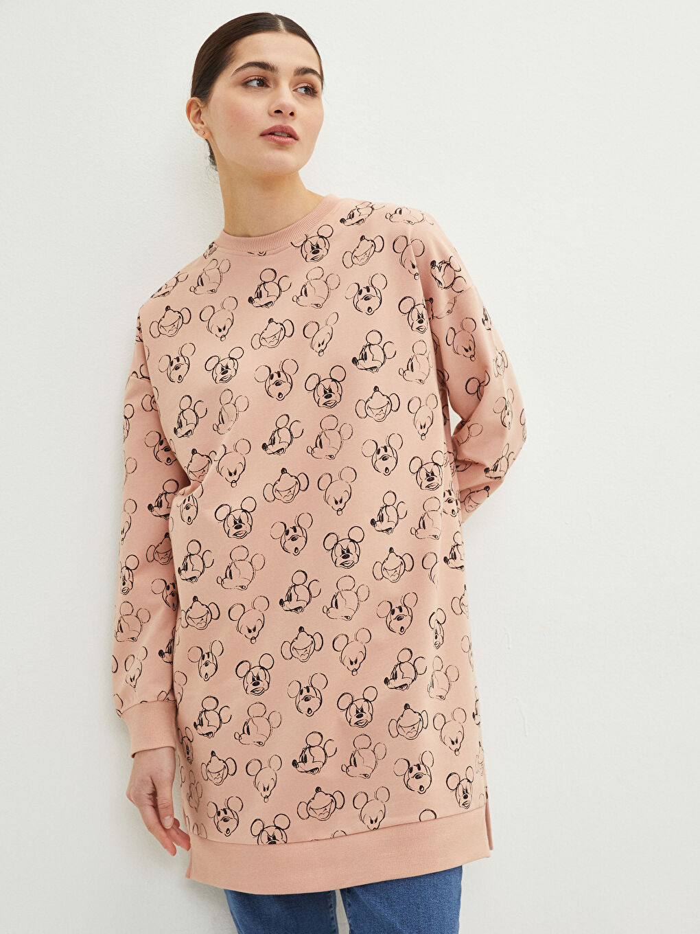 Siyah Bisiklet Yaka Mickey Mouse Baskılı Uzun Kollu Oversize Kadın Sweatshirt Tunik