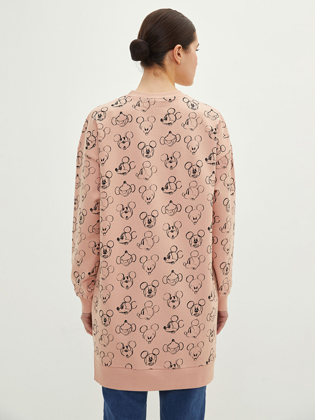 Siyah Bisiklet Yaka Mickey Mouse Baskılı Uzun Kollu Oversize Kadın Sweatshirt Tunik-3