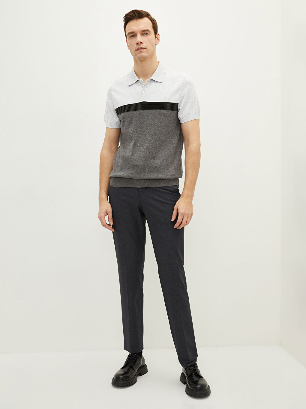 Bej Polo Yaka Çizgili Erkek Triko Tişört-1