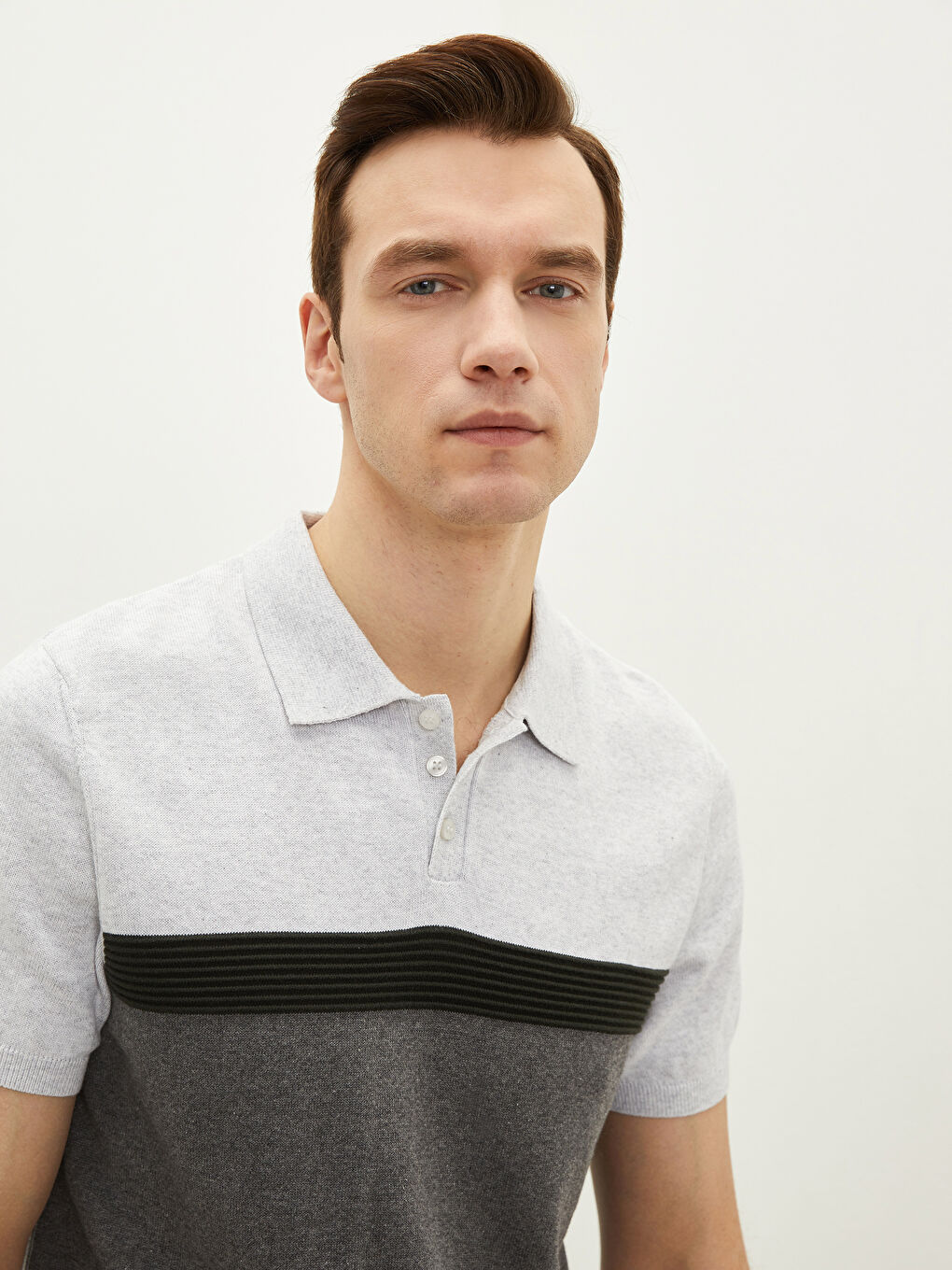 Bej Polo Yaka Çizgili Erkek Triko Tişört-2