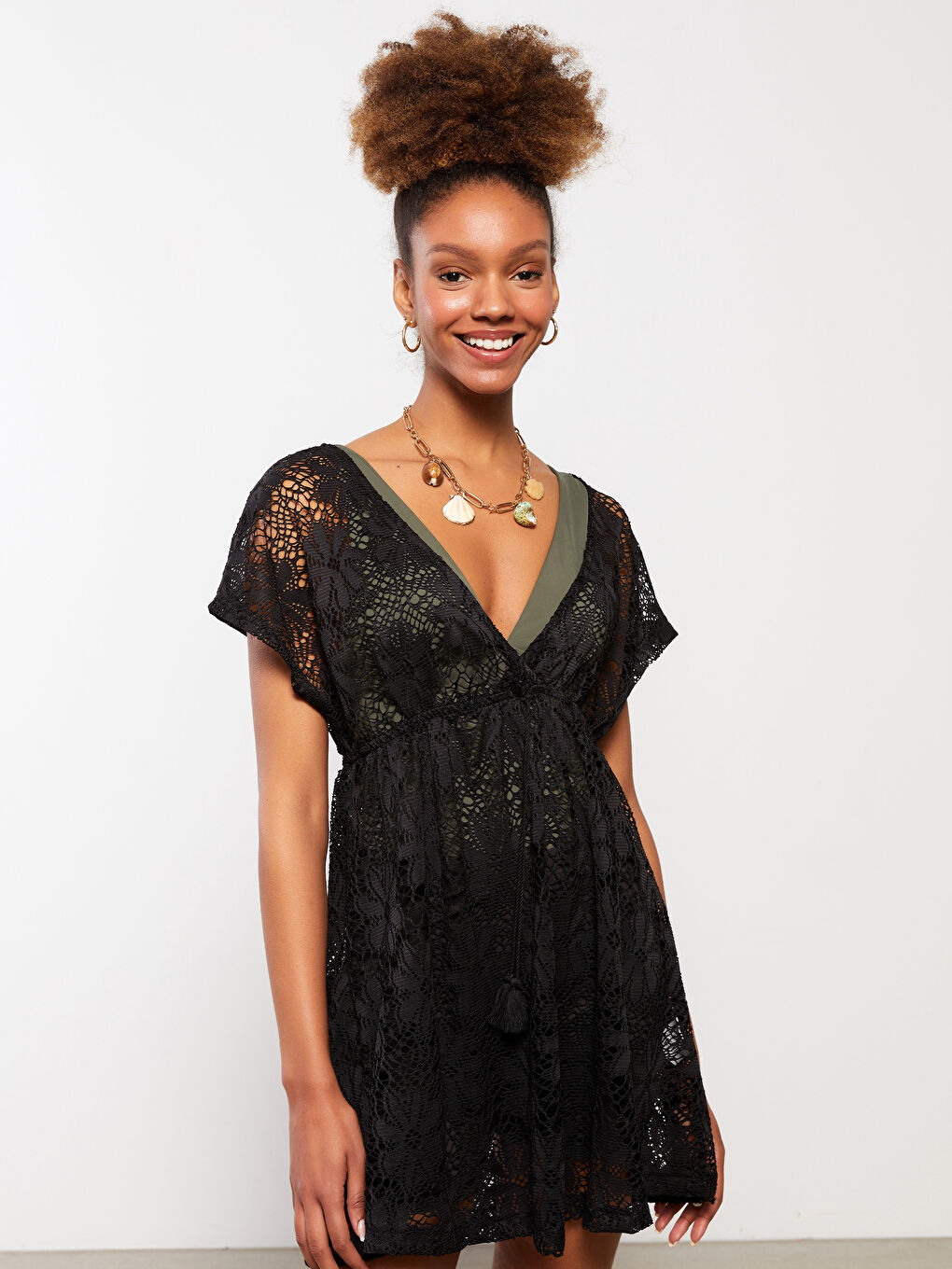 V-Neck Embroidered Short Sleeve Women's Beach Dress -S2CU19Z8-CVL