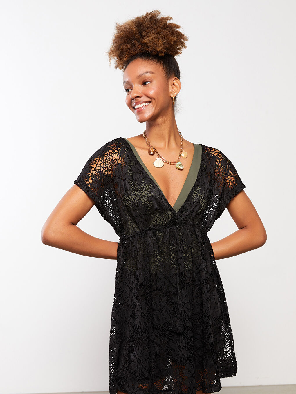 V-Neck Embroidered Short Sleeve Women's Beach Dress -S2CU19Z8-CVL