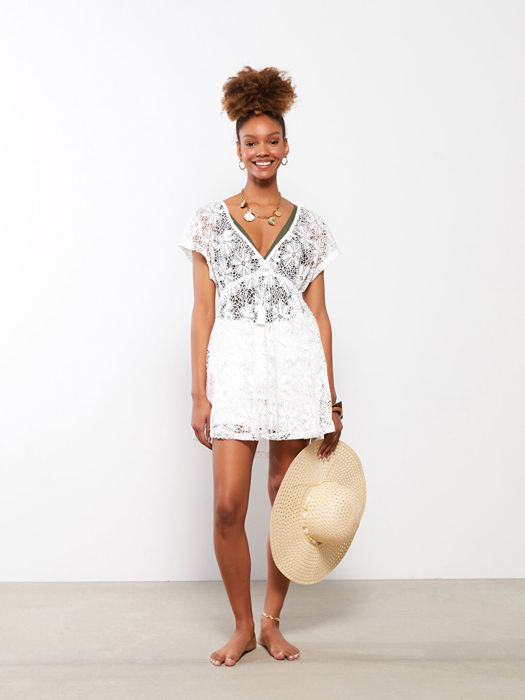 LC Waikiki V-Neck Embroidered Short Sleeve Women's Beach Dress -S2CU19Z8-FDU
