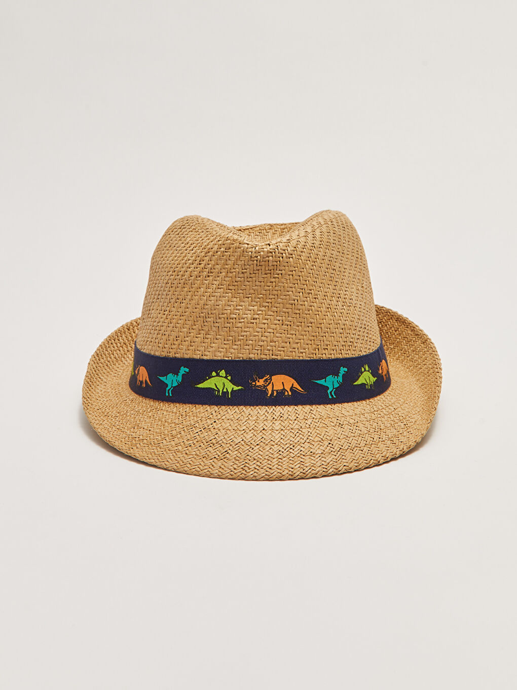 Bej Dinozor Baskı Şeritli Erkek Çocuk Hasır Fötr Şapka