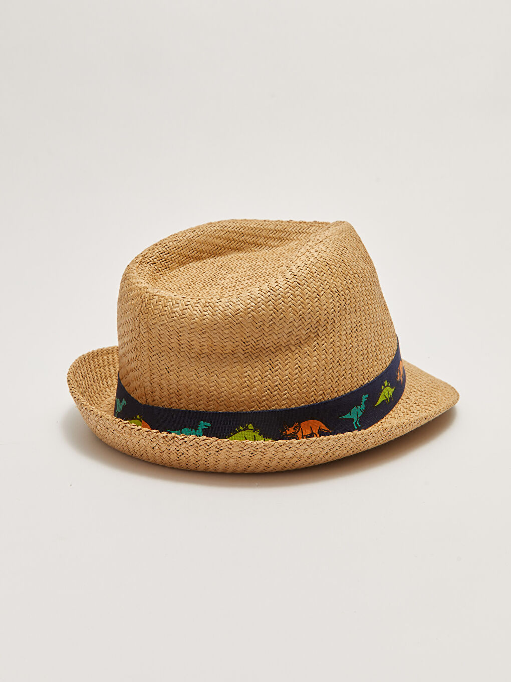 Bej Dinozor Baskı Şeritli Erkek Çocuk Hasır Fötr Şapka-2