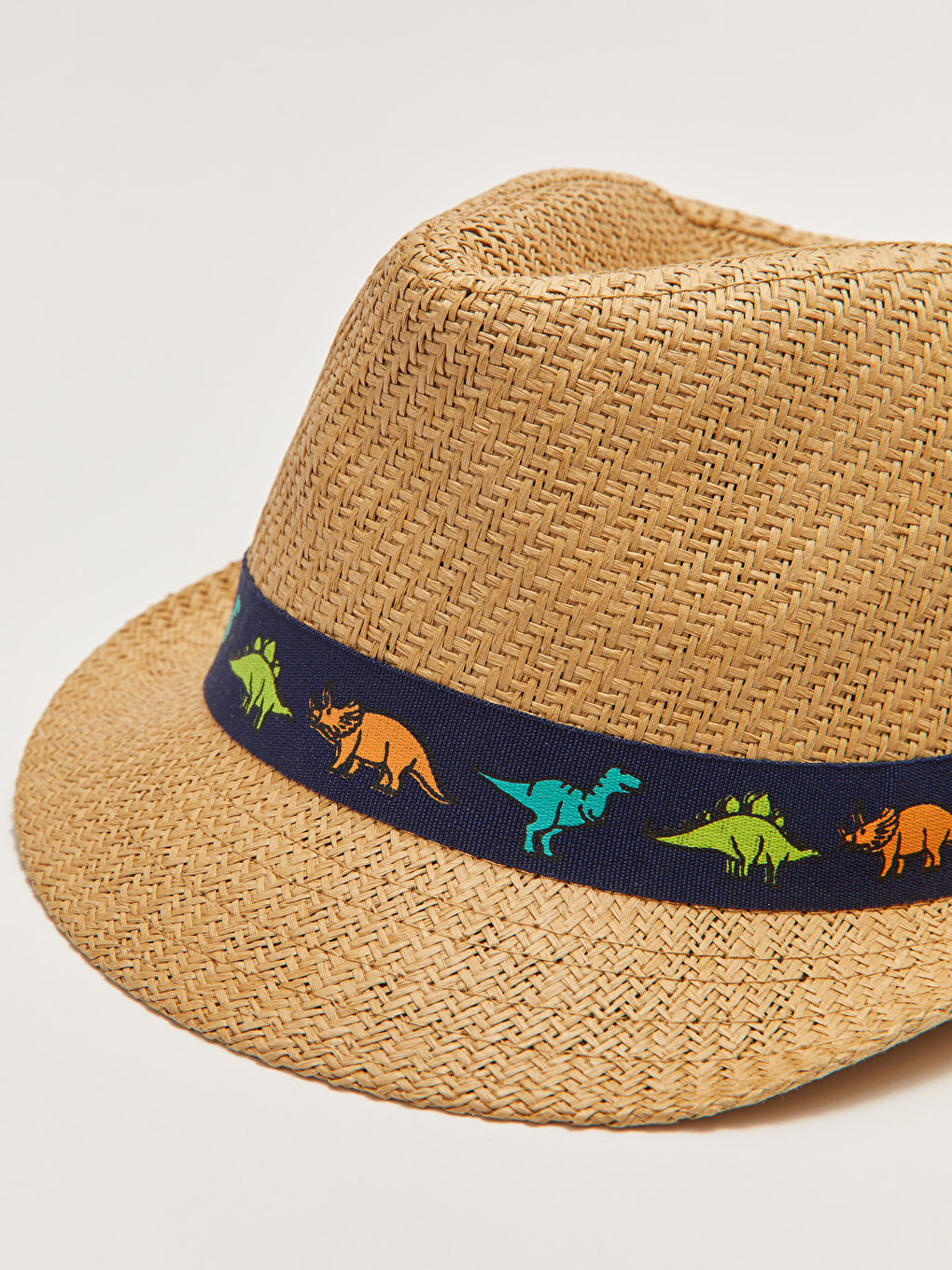 Bej Dinozor Baskı Şeritli Erkek Çocuk Hasır Fötr Şapka-3