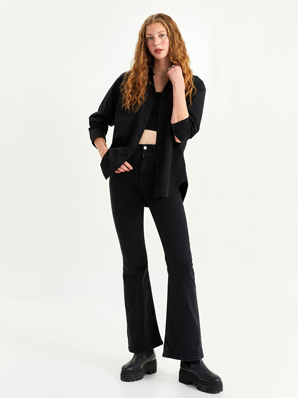 قميص نسائي بأزرار عادي كم طويل بوبلين-1