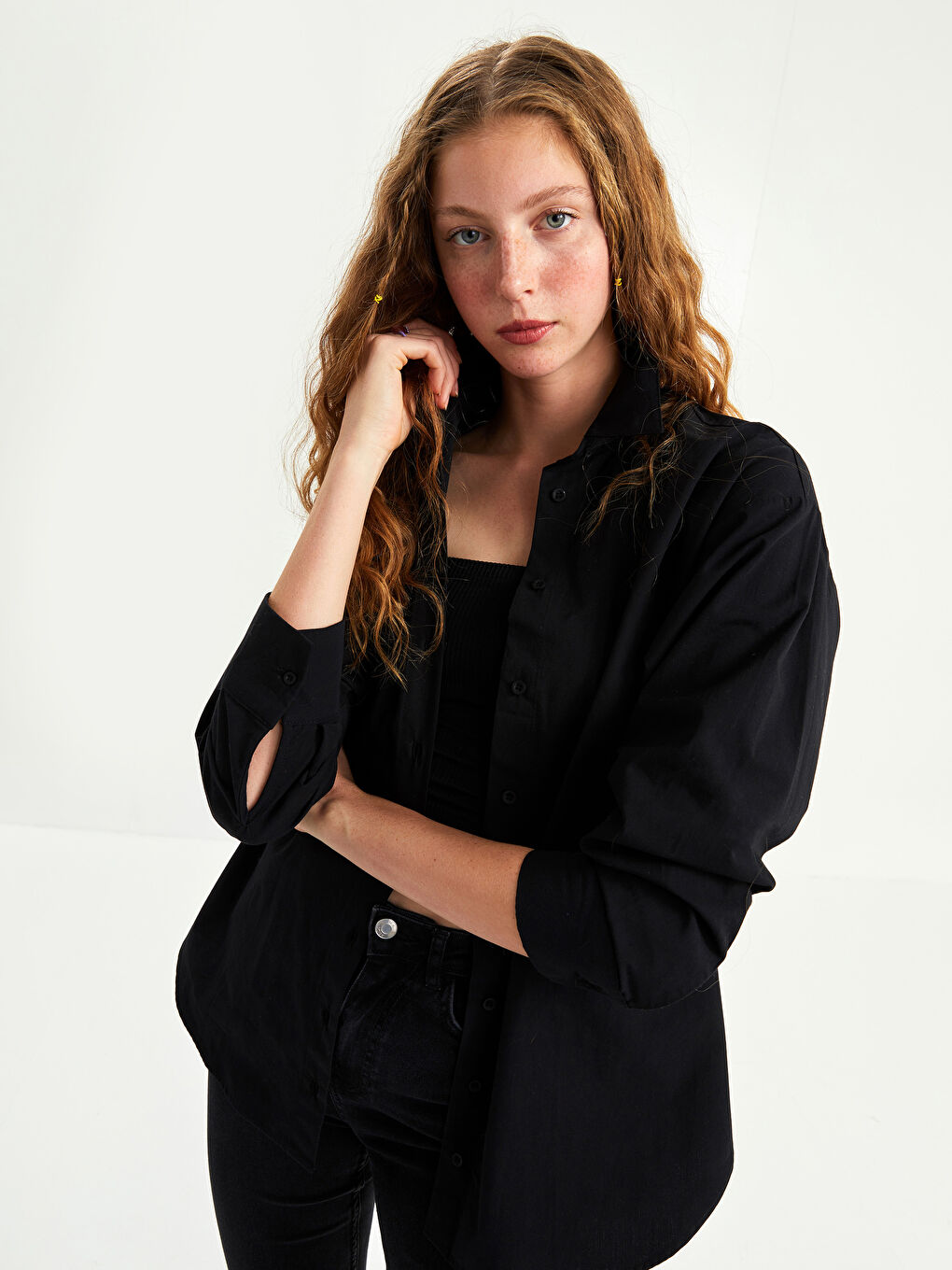 قميص نسائي بأزرار عادي كم طويل بوبلين-2